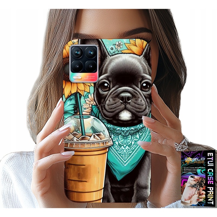 World Case telefontok Realme 8 / 8 Pro készülékhez, szilikon, Bulldog Coffi Love grafika, többszínű