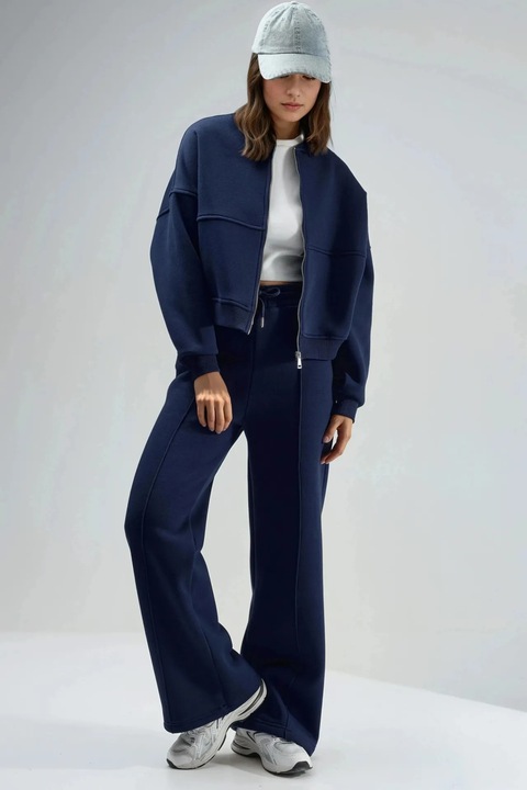 Set din doua piese, HiCCUP, talie inalta, picioare largi, bleumarin, material tricotat