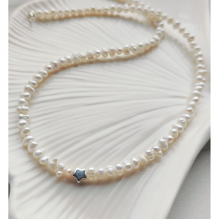 Colier "Little Star" cu perle de cultură și accesorii din argint, 40cm, manual, România