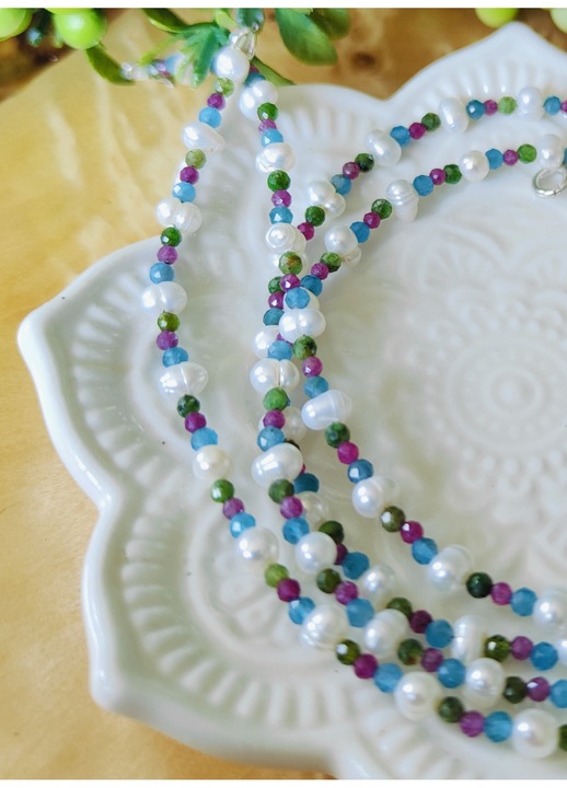 Colier Candy Pearls, perle de cultură și pietre semiprețioase, argint 925, 40cm