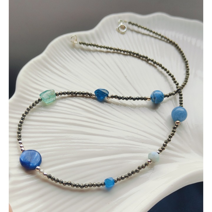 Colier argint 925 "Blue Moon" cu pirita și perle de cultură, 40cm