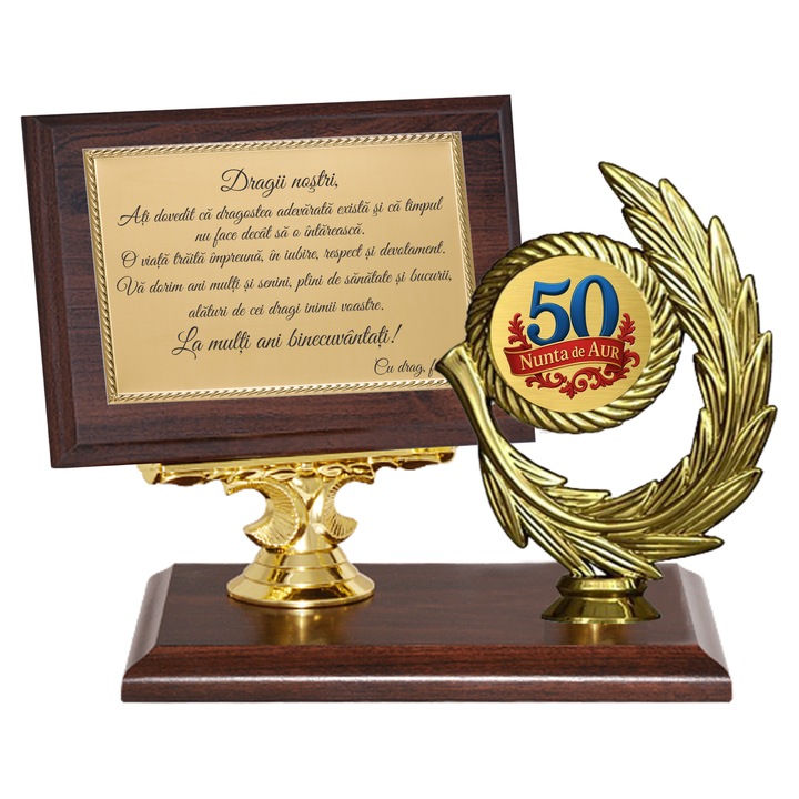 Trofeu personalizat C&A Connection, aniversare Nunta de Aur, 3 componente, maro cu auriu, 13x18cm, 15x10cm, figurina 15cm