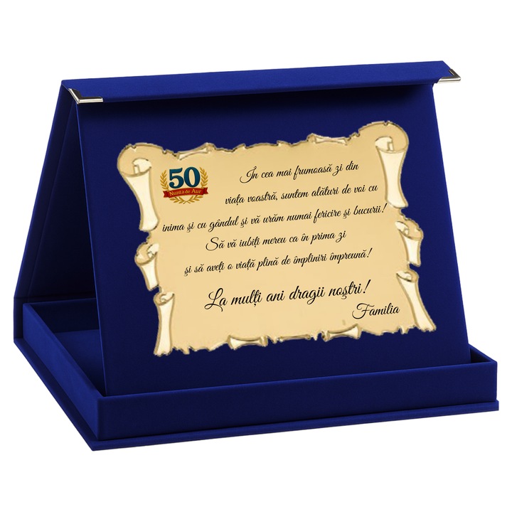 Plachetă aniversară Nunta de Aur, C&A Connection, aurie, cutie pluș albastră 23x19cm