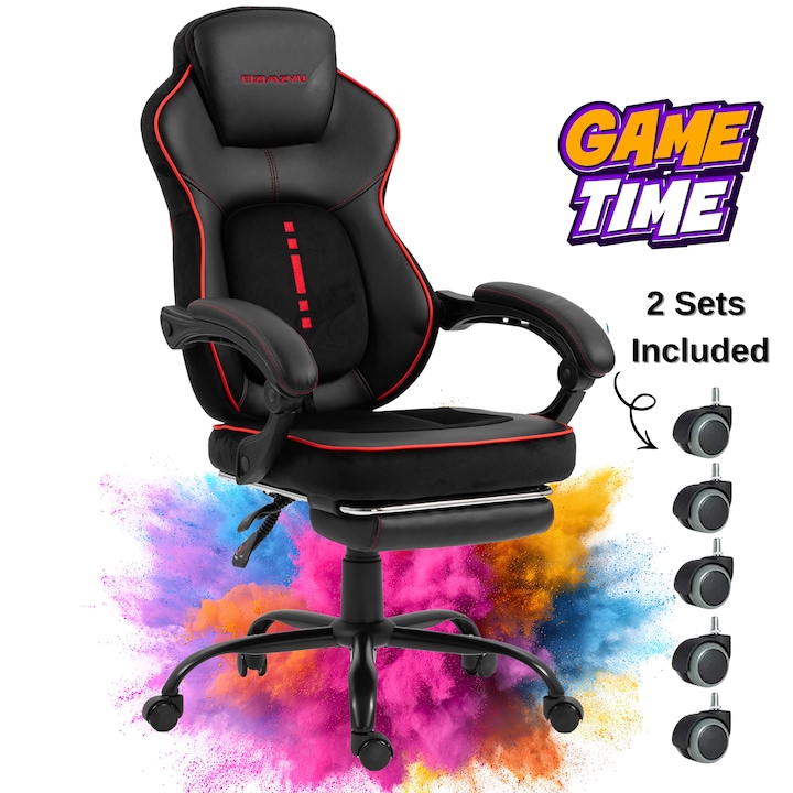 Геймърски стол Premium Professional KD Home Apex Fusion EIZI, Ергономичен, 2 комплекта колела, Лумбална възглавница, Облегалка, Накланяща се на 165°, Поставка за крака, До 140 кг, Механизъм Tilt, Екологична кожа, Черен/Червен