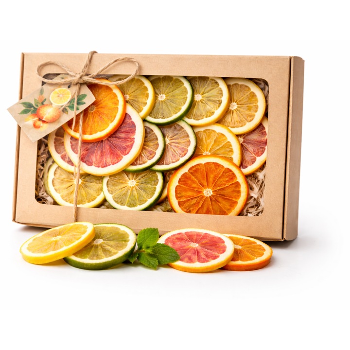 Cutie cadou decorativă cu felii de citrice, 200 g, portocală, lămâie, lime, grapefruit, medie