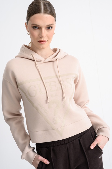 Guess, Kapucnis logómintás crop pulóver, Bézs/Púderrózsaszín