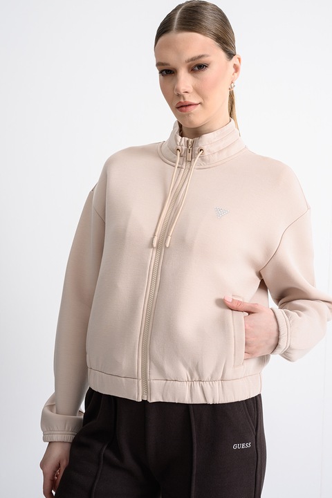 GUESS, Къс суитшърт с цип, Бежов/Сребрист