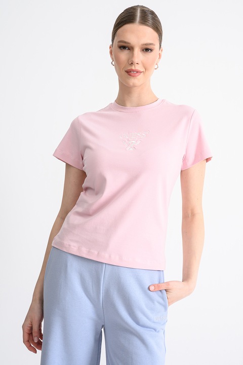 Guess, Tricou cu logo brodat pe piept, Roz pastel