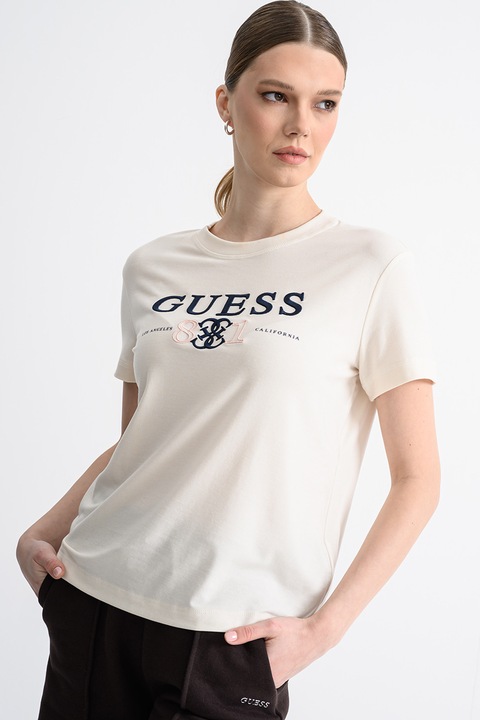 GUESS, Tricou din amestec de lyocell, Alb fildes/Albastru ultramarin/Roz