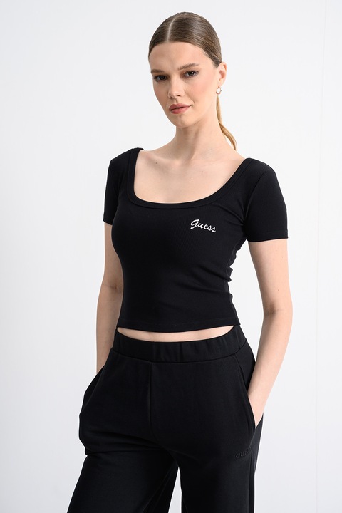 GUESS, Top crop cu logo, Negru