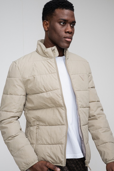 GUESS, Jacheta regular-fit cu fermoar, Maro nisip/Maro camel/Grej