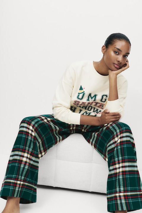 Marks & Spencer, Pijama cu imprimeu grafic si text, Verde/Alb murdar