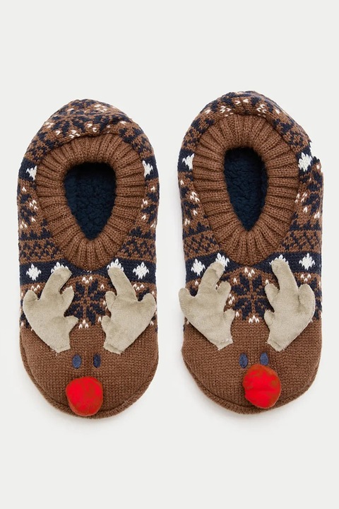 Marks & Spencer, Cizme de casa cu tematica cu ren si talpa antialunecare, Rosu/Maro inchis