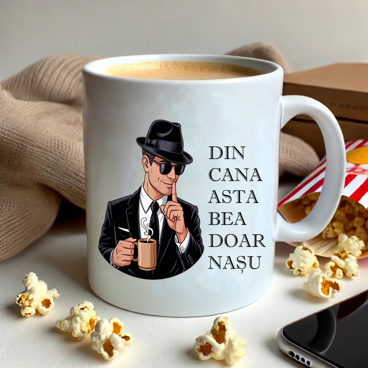 Cana cadou personalizat cu mesaj: „Din cana asta bea doar Nasu”, ceramica alba, 330ml