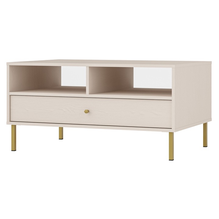 Masa de cafea Selsey Oktio cu sina si rafturi, sandbeige, 100x65x50cm