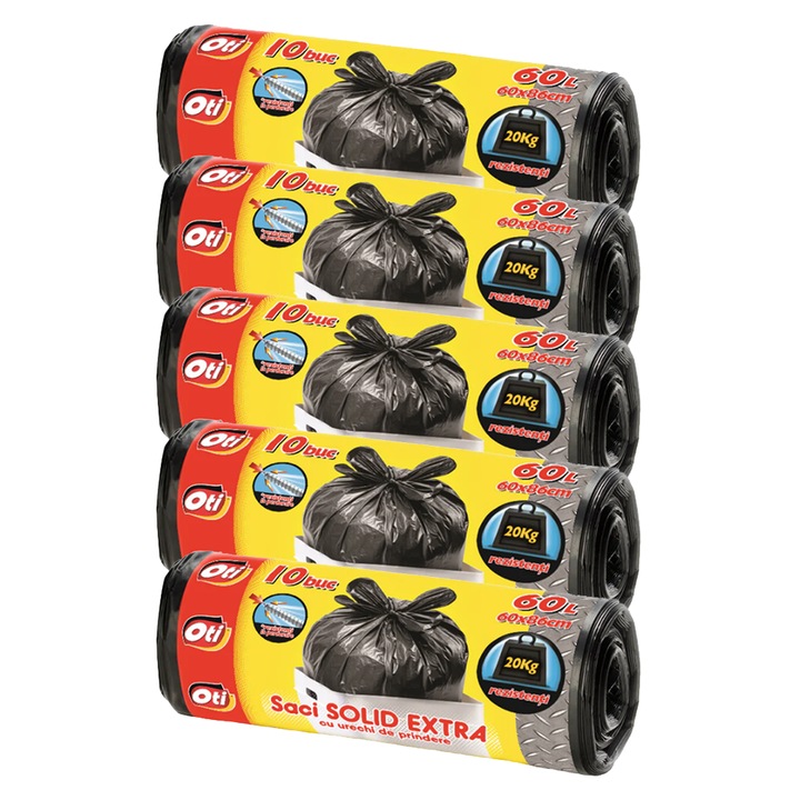 Set 5 role saci menajeri OTI Solid Extra, 60L, rezistenți la perforare, 60x86cm, 10 bucăți/rolă
