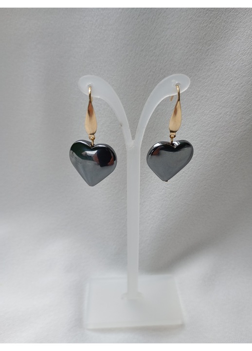 Cercei cu inimioara din Hematit 2 cm si tortite placate cu aur 18K