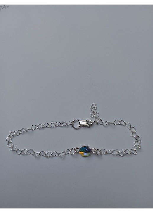 Bratara din argint cu lant in forma de inimioare si cristal Swarovski 6mm