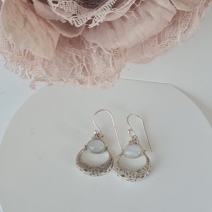 Cercei argint 925, argint patinat, cu Piatra Lunii, Divine, 2.5 cm, cu pietre semipretioase