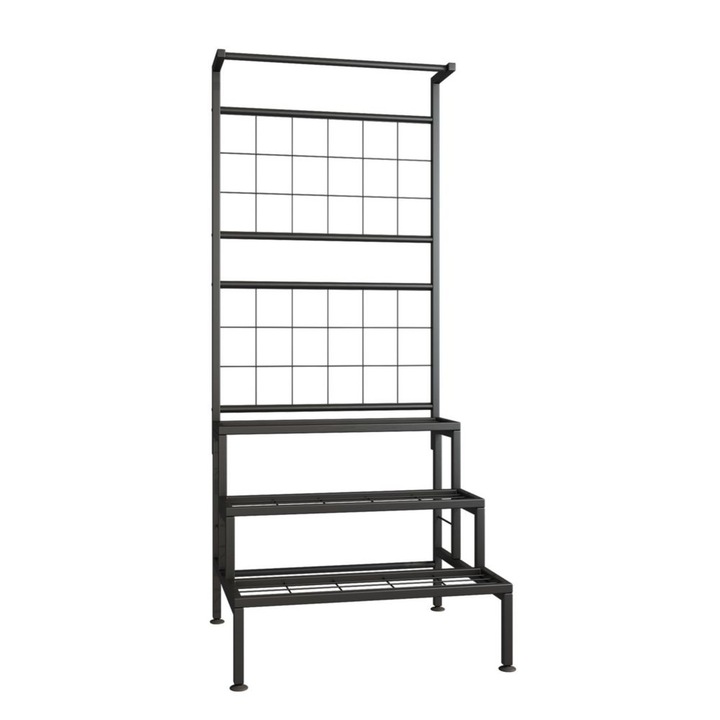 Suport metalic pentru flori DacEnergy©, 3 rafturi, 2 parti pentru agatare, o tija pentru agatare, 60 x 54 x 158 cm, neagra