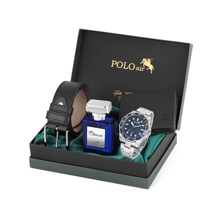 Set pentru barbati, POLO Air, 11 x 9 cm Portofel, Ceas, Curea, Parfum 55 ml