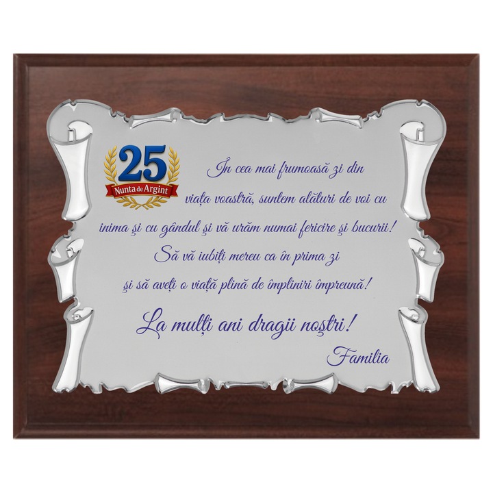 Plachetă aniversară pentru Nunta de Argint, C&A Connection, 23x18cm, cu plachetă argintie