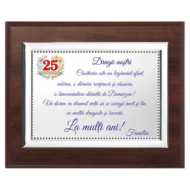 Placheta aniversara personalizata Nunta de Argint, C&A Connection, lemn 23x18cm, placa argintie 18x13cm