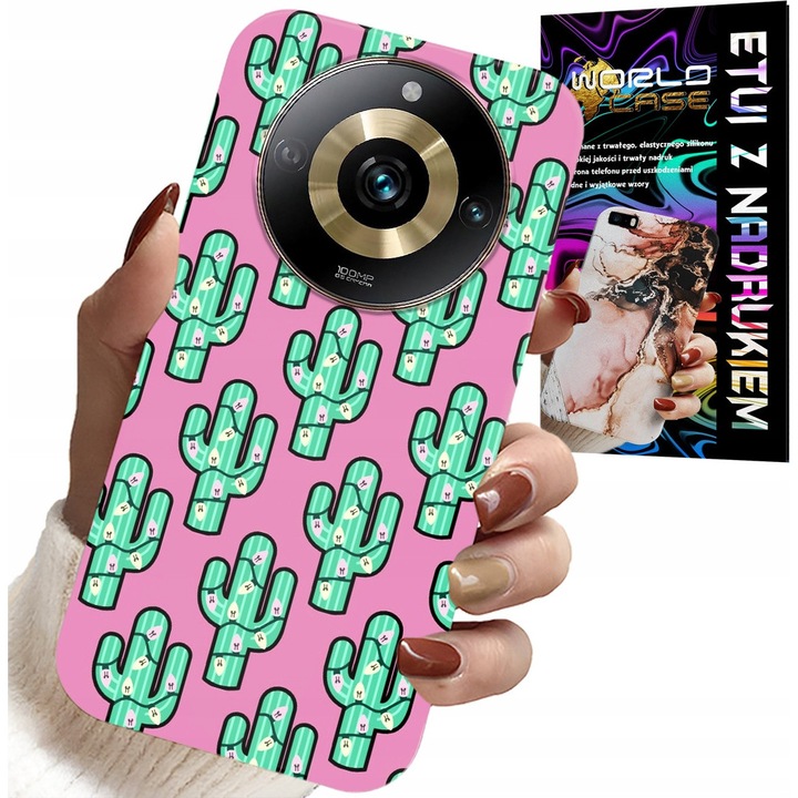 Telefontok, World Case, Realme 11 Pro, szilikon, kaktusz mintás, rózsaszín