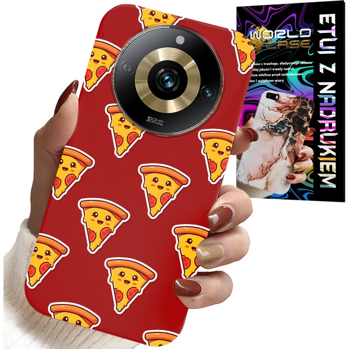 World Case tok Realme 11 Pro-hoz, pizzaminta piros háttéren, szilikon, karcolás elleni védelem