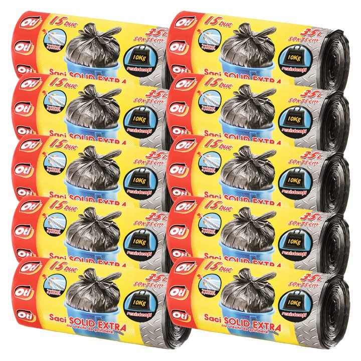Set 10 role saci menajeri OTI Solid Extra, 35L, 50x75cm, rezistenti la perforare, cu urechi de prindere