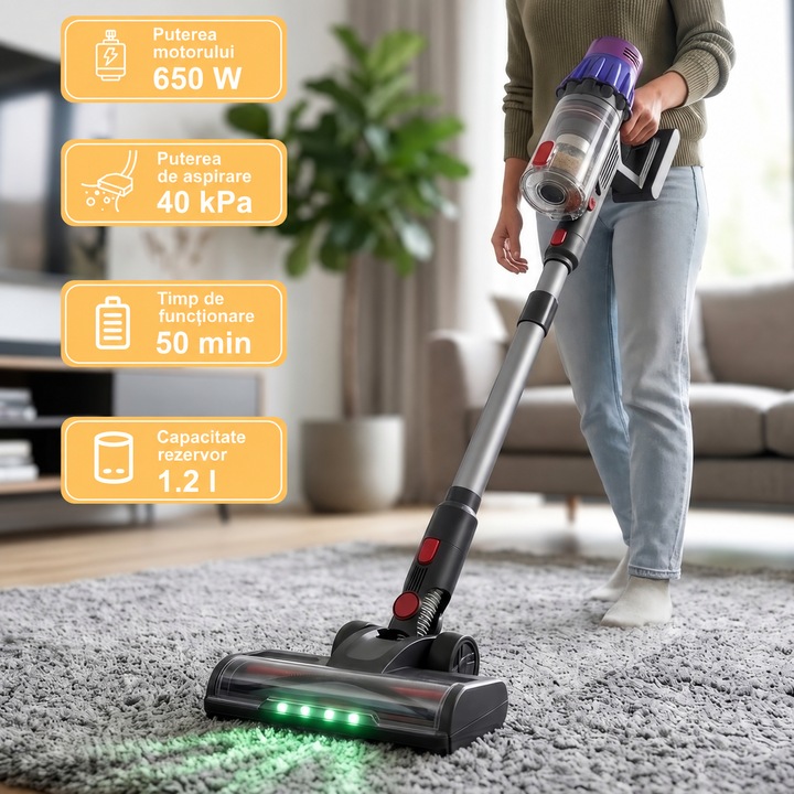 Aspirator vertical fara fir 650 W, 40 kPa, perie LED | BERGMANN PUX 728