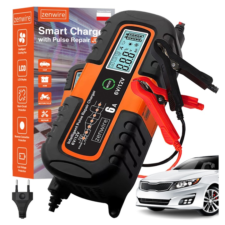 Redresor baterii Zenwire® JMD-6S, 6V/12V, 6A, afisaj LCD, functie reparare acumulator, mod vara/iarna, control microprocesor, protectii inteligente, 150×70×35 mm, 350 g