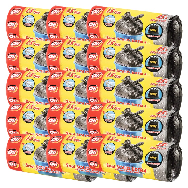 Set 15 role saci menajeri, OTI Solid Extra, cu urechi de prindere, 35L, 50x75 cm, 15 bucati/rola
