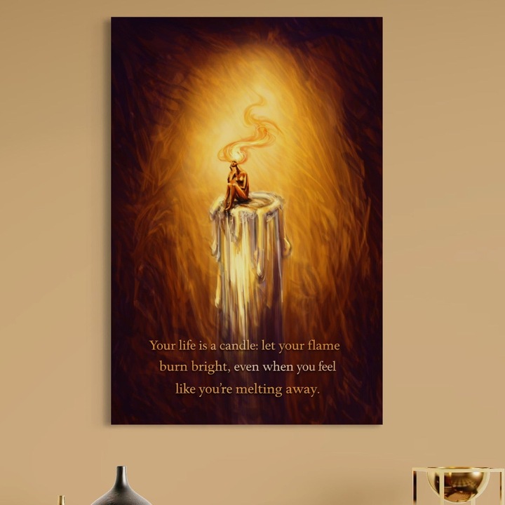 Tablou Canvas Premium, LuxCanva® Q1043, Lumina Care Nu Cedeaza, 70 X 100 CM, Panza Bumbac 100% 400g/m2, Sasiu Lemn, Lumanare, Ganduri, Flacara, Motivational, Mesaj, Speranta, Echilibru, Viata, Birou, Dormitor