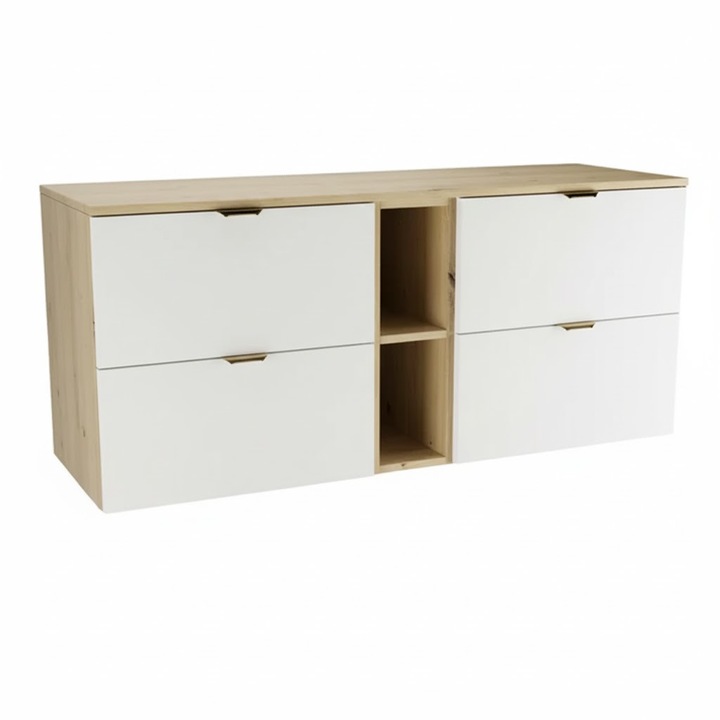 Dulap pentru lavoar Wena Meble, cu raft, fronturi netede Orio, 140x60x47 cm, Alb/Stejar artizanal