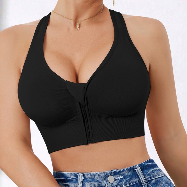 Bustiera sport dama, fara spate, design cu spate incrucisat, suport pentru bust lateral, Negru