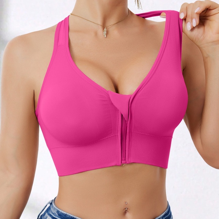 Bustiera sport dama, fara spate, design cu spate incrucisat, suport pentru bust lateral, Roz fluorescent