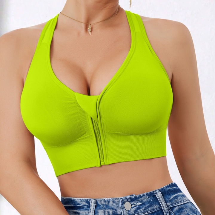 Női sportmelltartó, hát nélküli, keresztezett háttal, oldalsó melltartó tartó, Fluoreszkáló zöld
