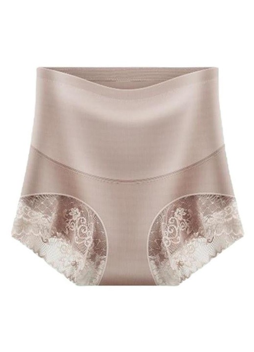 Chiloti modelatori pentru femei, talie inalta, dantela, efect 3D, fara cusaturi, bej, M