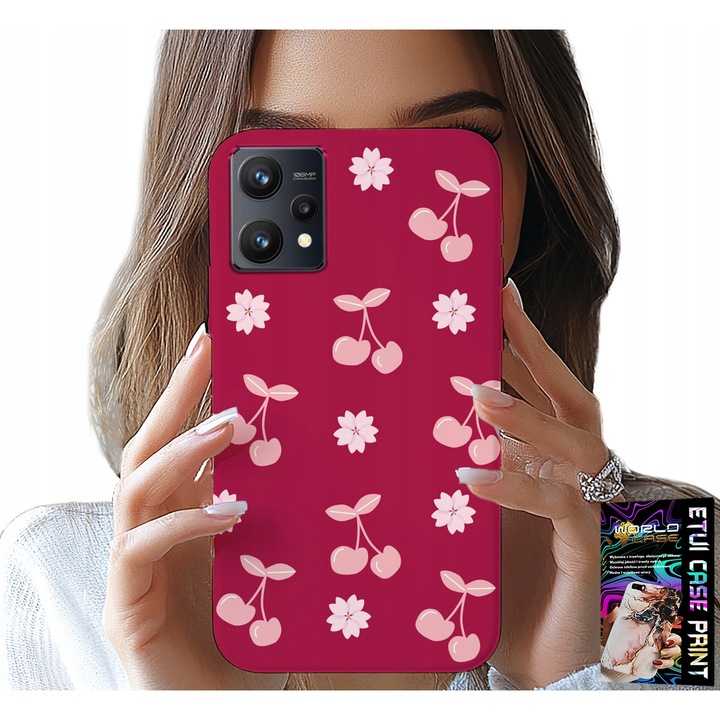 World Case telefontok, cseresznye mintás bordó alapon, szilikon, Realme 9 Pro-hoz