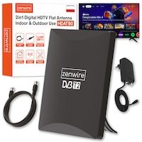 Antena TV 2-in-1 Zenwire® HDAT80, interna & externa, amplificator integrat, cablu 10 m, receptie DVB-T2 HD, semnal stabil, compatibil TV & decoder, culoare negru