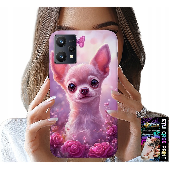 World Case telefontok, Realme 9 Pro, Chihuahua nyomtatás, rózsaszín, szilikon