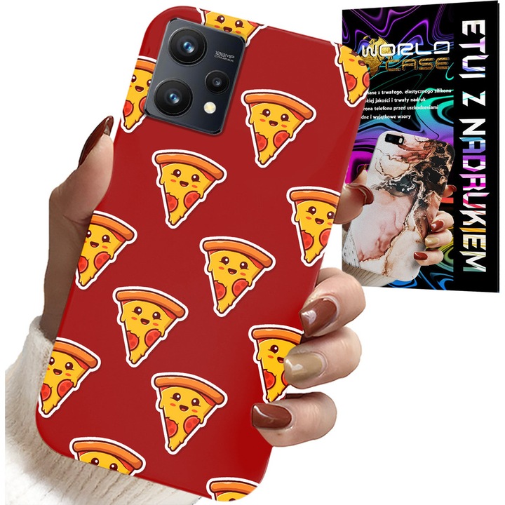 World Case telefontok Realme 9 5G-hez, színes pizza design, szilikon, piros