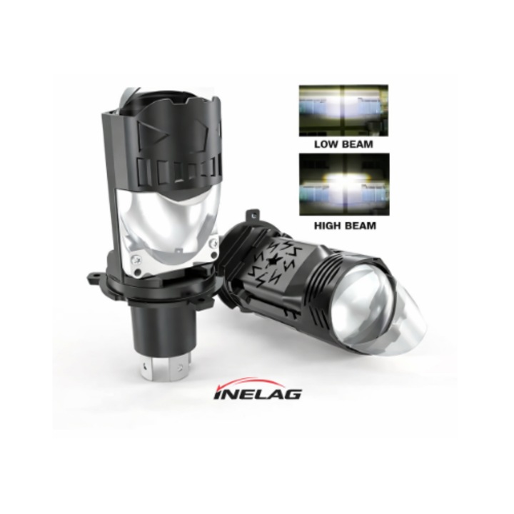 Комплект от 2 LED крушки H4 Bi-LED INELAG за автомобилни и мотоциклетни фарове, къси и дълги светлини, студена бяла светлина