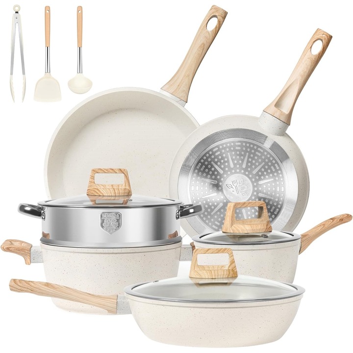 OVELY 12 részes tapadásmentes edény- és serpenyőkészlet indukciós főzőlaphoz – Prémium gránit főzőedények konyhába – Serpenyőket, lábasokat, párolót, kanalat, szilikon lapátot és fogót tartalmaz – PFOS/PFOA-mentes – Krém
