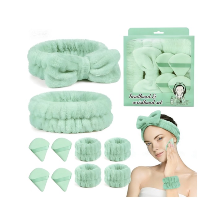 Set moale din plus cu banda pentru par si incheieturi, inclusiv bureti de machiaj, banda spa cu funda pentru spalarea fetei, ingrijirea tenului si aplicarea machiajului, 3 in 1, 10 piese