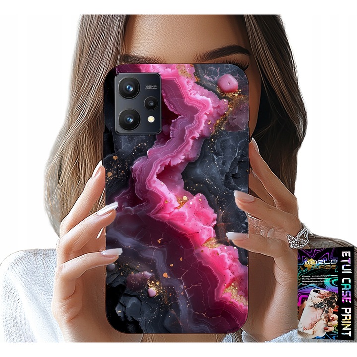 World Case telefontok, Realme 9 Pro-hoz, szilikon, rózsaszín márvány, modern minta