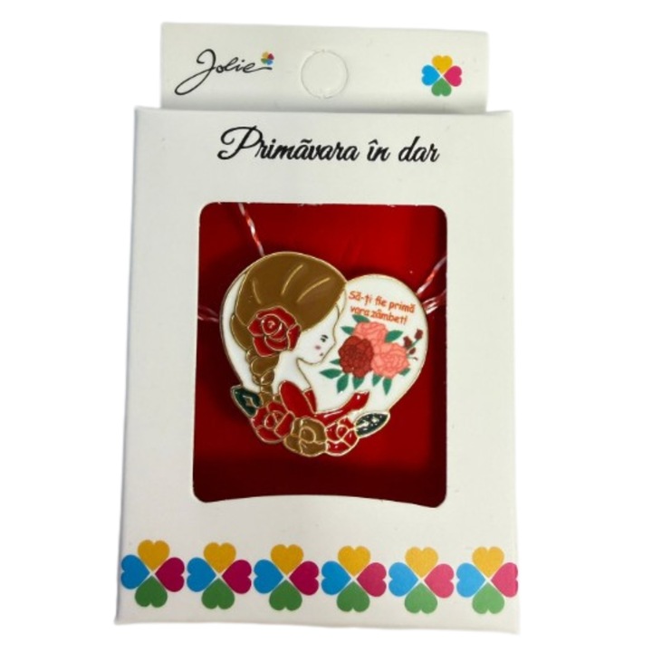 Martisor Brosa Mica in Cutie, Jolie, Design cu Mesaj, Dimensiune 2.5-3 cm, Material Metal, Model Fetita Inima