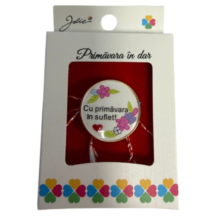 Martisor Brosa Mica in Cutie, Jolie, Design cu Mesaj, Dimensiune 2.5-3 cm, Material Metal, Model Rotund Flori