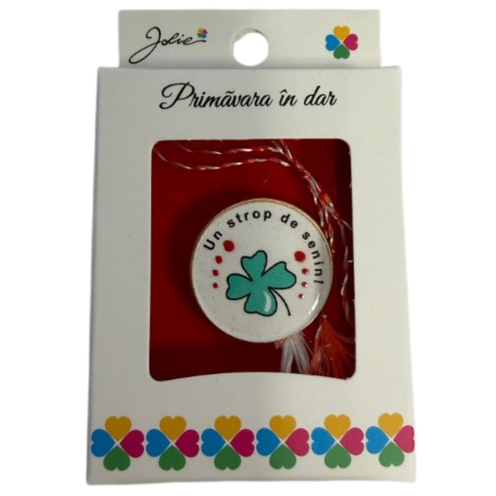 Martisor Brosa Mica in Cutie, Jolie, Design cu Mesaj, Dimensiune 2.5-3 cm, Material Metal, Model Rotund Trifoi